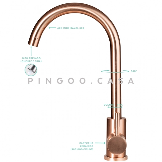 Torneira para Cozinha Misturador Monocomando Em Aço Inox 304 Escovado Tocantins Dourado Rose