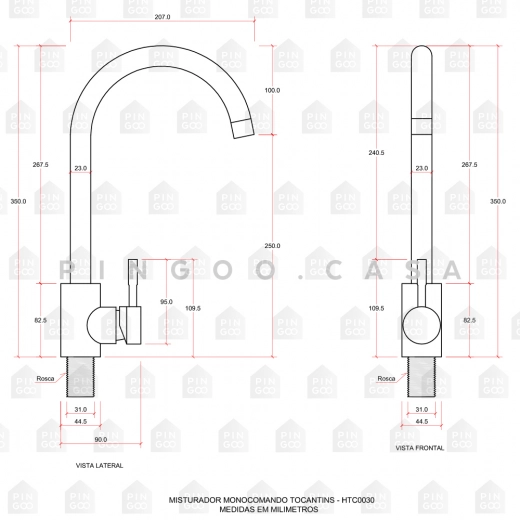 Torneira para Cozinha Misturador Monocomando Em Aço Inox 304 Escovado Tocantins Dourado Rose