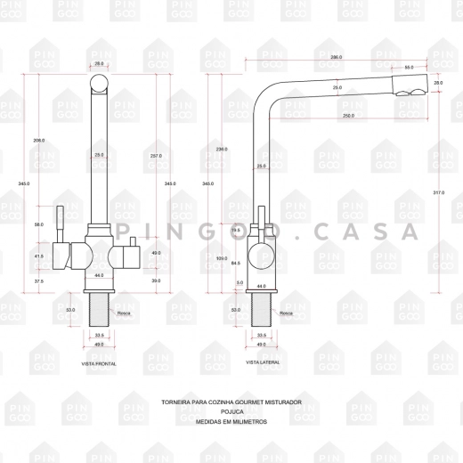 Torneira para Cozinha Misturador Monocomando Entrada para Filtro Aço Inox 304 Pojuca Dourado Escovado