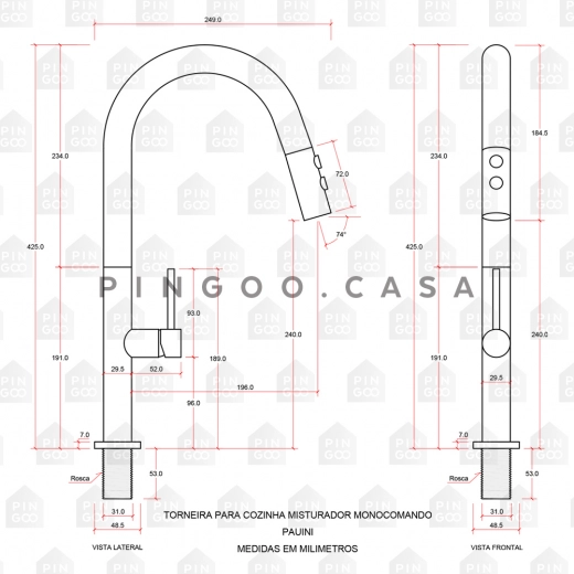 Torneira para Cozinha Misturador Monocomando Pauini Preto