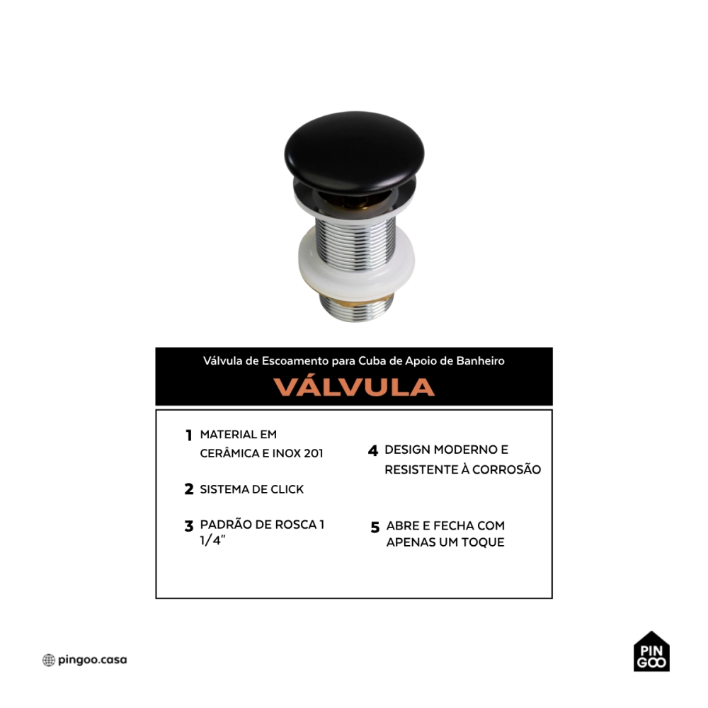 Válvula de Escoamento Para Cuba de Apoio de Banheiro Pingoo.casa - Preto