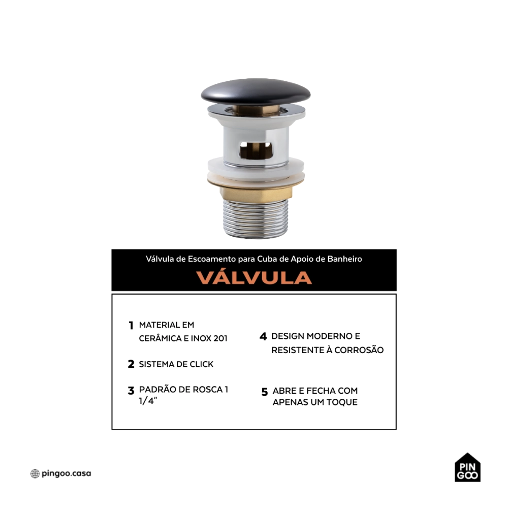 Valvula de Escoamento Para Cuba de Banheiro Espinélio Pingoo.casa - Preto