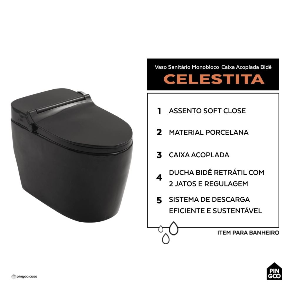 Vaso Sanitário Monobloco Caixa Acoplada Privada Bidê Celestita Preto