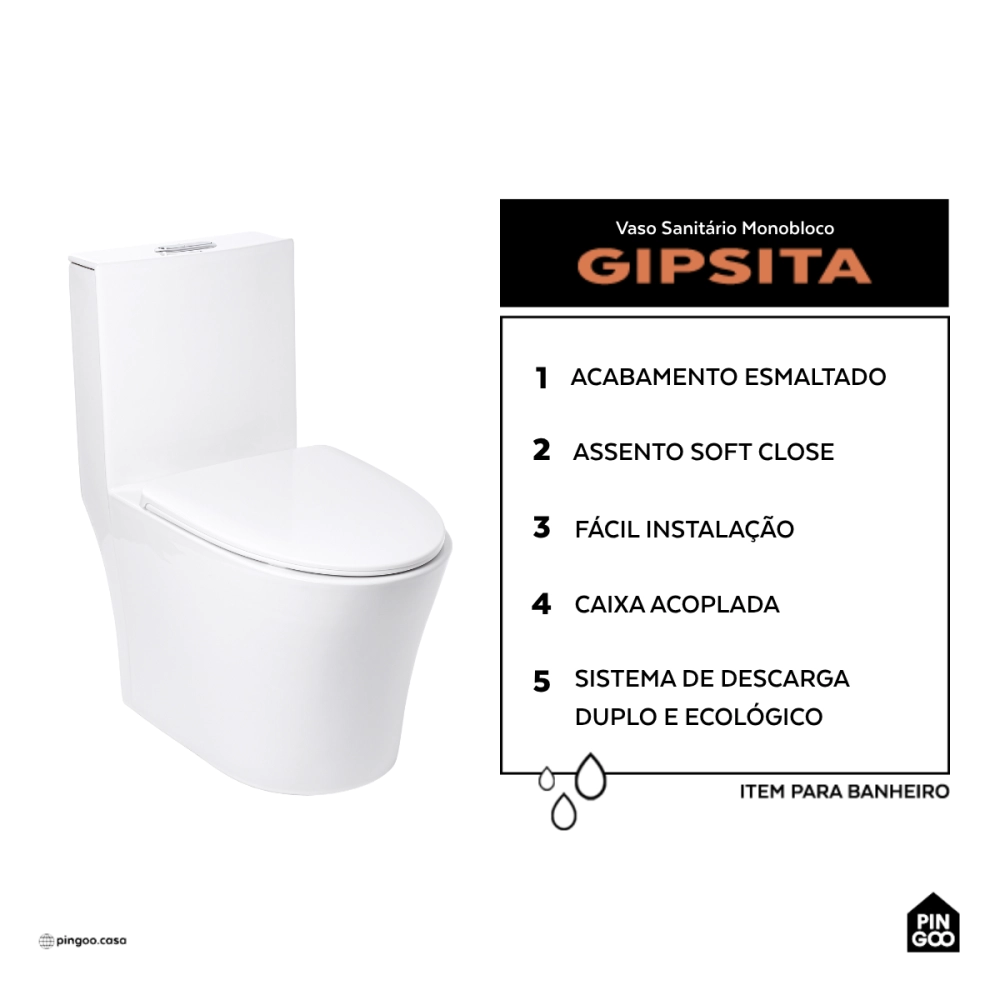 Vaso Sanitário Monobloco Caixa Acoplada Privada Gipsita Pingoo.casa - Branco Vaso Sanitário Monobloco Caixa Acoplada Privada Gipsita Pingoo.casa - Branco