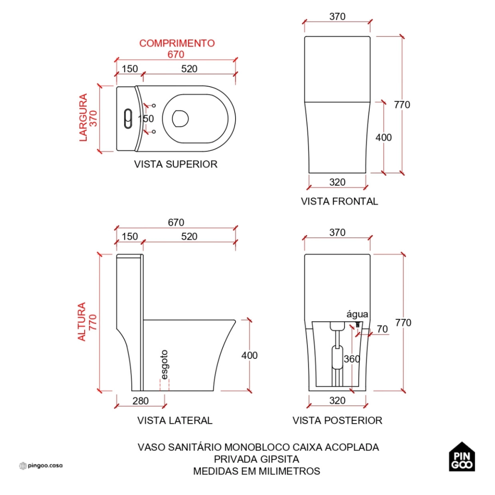 Vaso Sanitário Monobloco Caixa Acoplada Privada Gipsita Pingoo.casa - Branco Vaso Sanitário Monobloco Caixa Acoplada Privada Gipsita Pingoo.casa - Branco