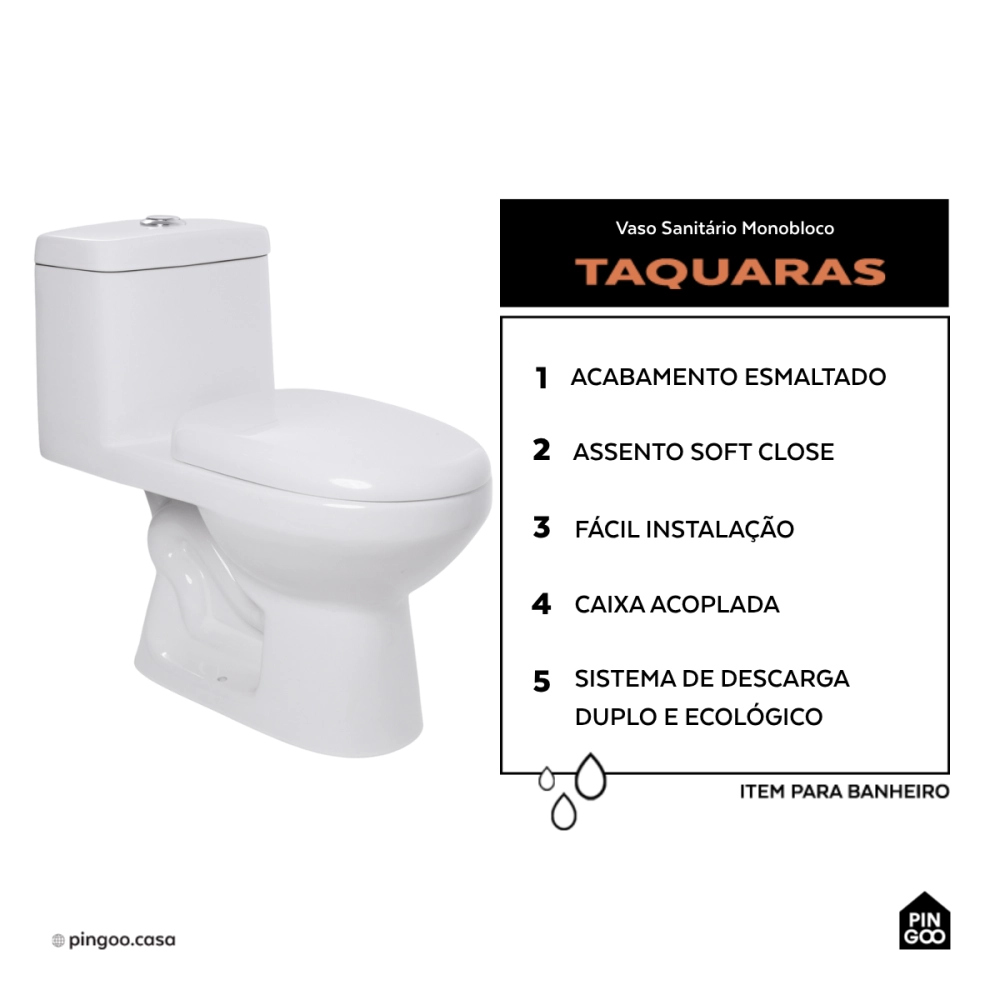 Vaso Sanitário Monobloco Caixa Acoplada Privada Taquaras Pingoo.casa - Branco