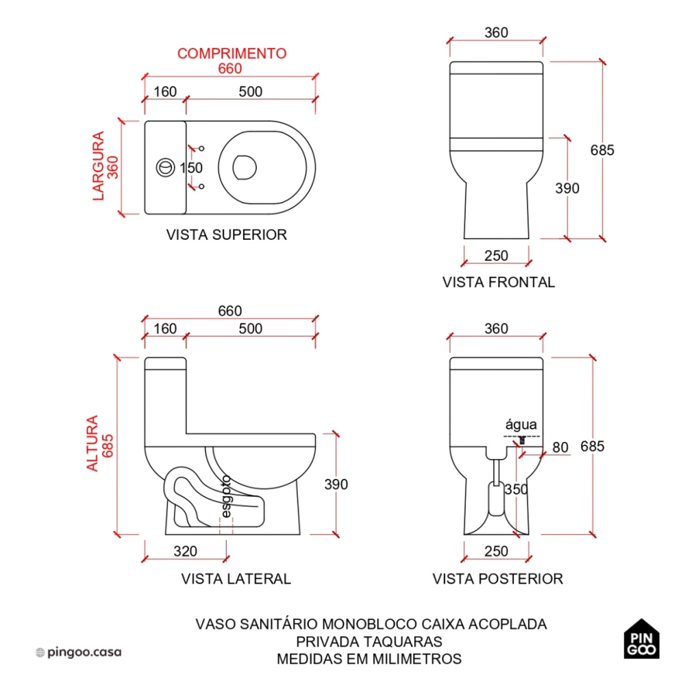 Vaso Sanitário Monobloco Caixa Acoplada Privada Taquaras Pingoo.casa - Branco