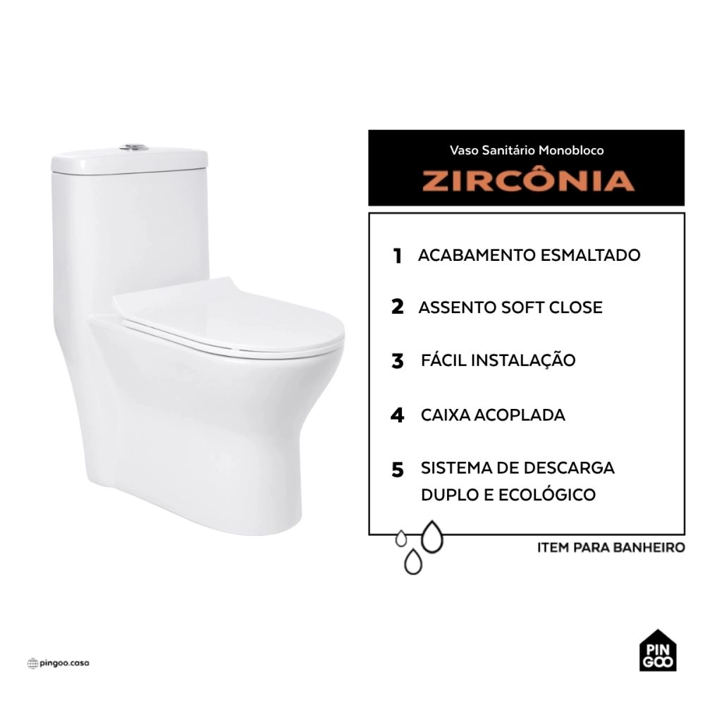 Vaso Sanitário Monobloco Caixa Acoplada Privada Zircônia Pingoo.casa - Branco Vaso Sanitário Monobloco Caixa Acoplada Privada Zircônia Pingoo.casa - Branco