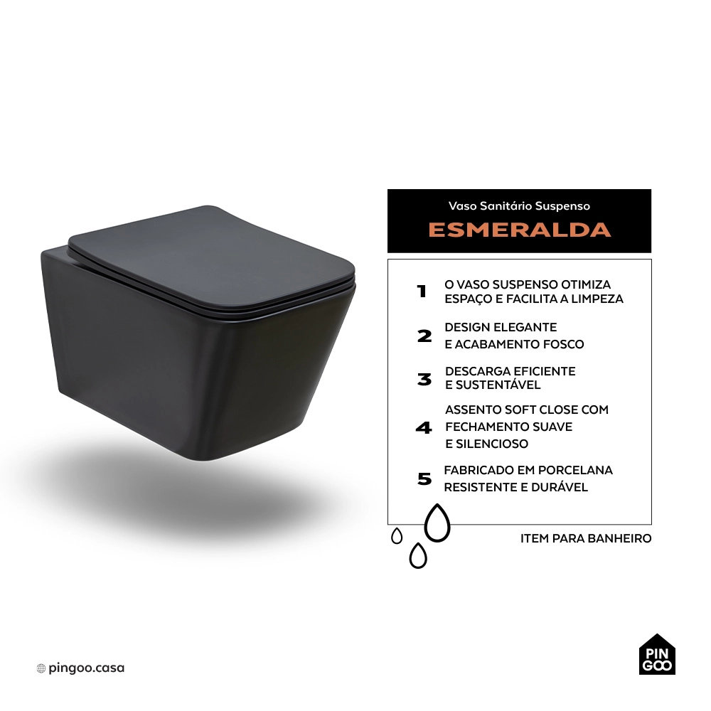 Vaso Sanitário Suspenso Saída Horizontal Esmeralda Preto