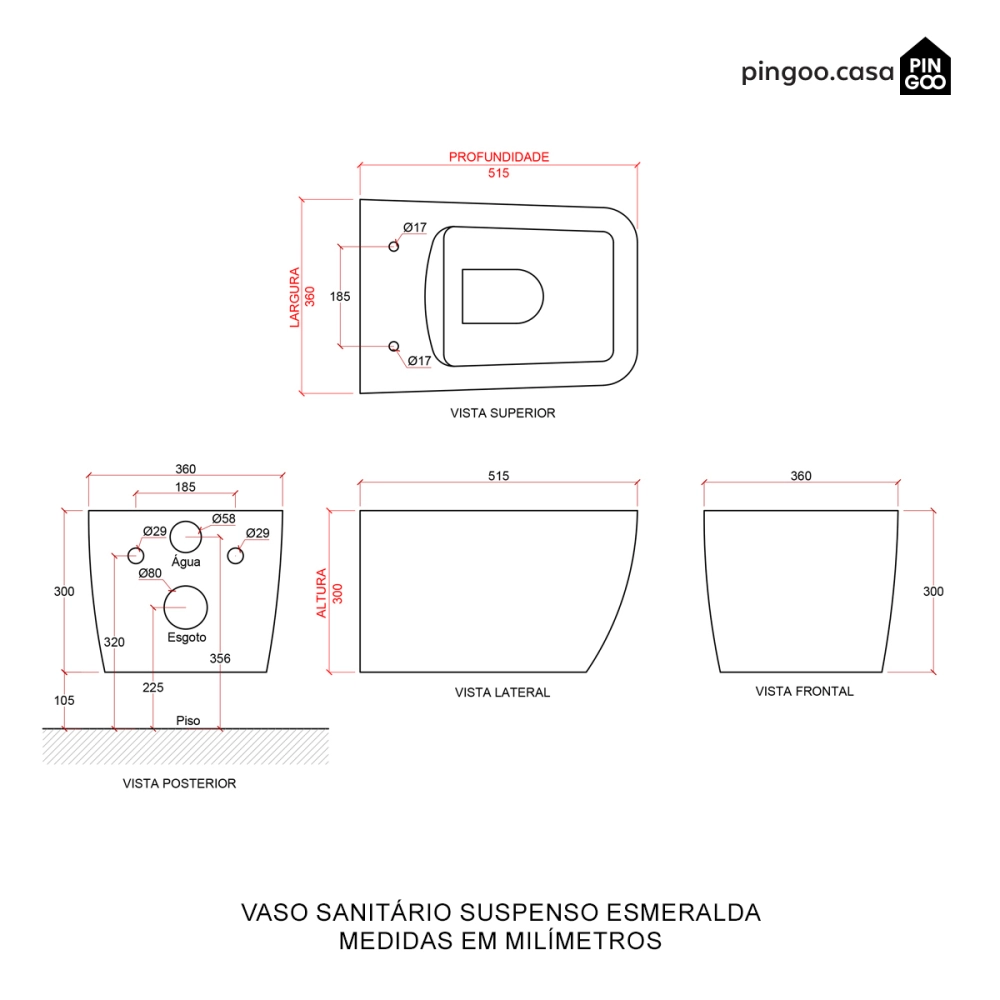 Vaso Sanitário Suspenso Saída Horizontal Esmeralda Preto