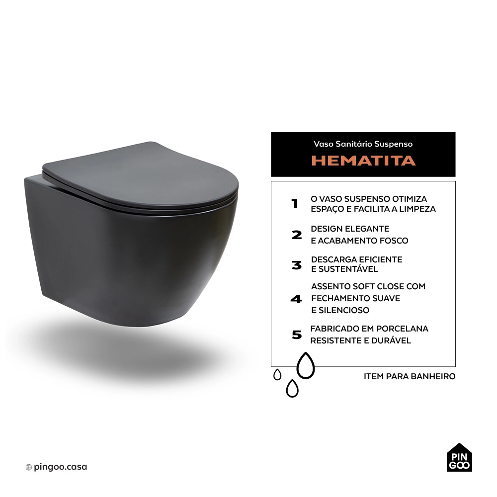 Vaso Sanitário Suspenso Saída Horizontal Hematita Preto