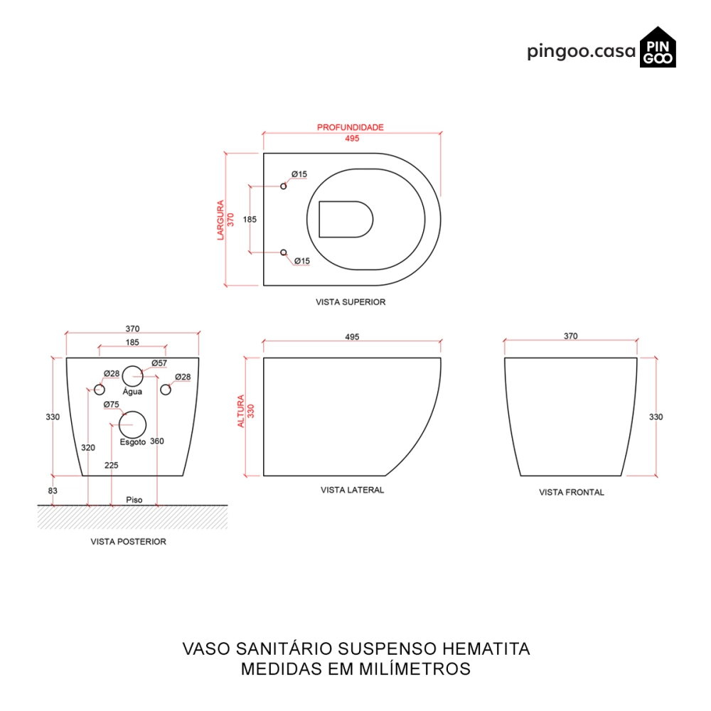 Vaso Sanitário Suspenso Saída Horizontal Hematita Preto