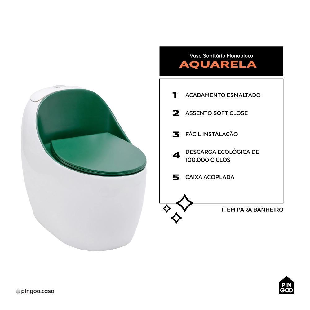 Vaso Sanitário Monobloco Caixa Acoplada Privada Aquarela Branco e Verde