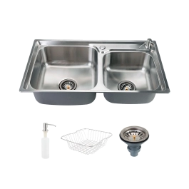 Kit Cuba Dupla Gourmet para Cozinha e Acessórios Aço Inox 78x43cm Tábua de Corte e Torneira Misturador Monocomando Munim