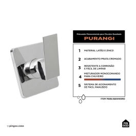 Acabamento de Misturador Monocomando para Chuveiro Quadrado Purangi Pingoo.casa - Prata