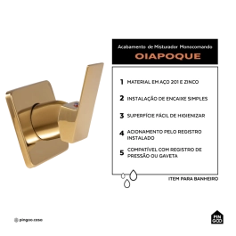 Acabamento de Misturador Monocomando Quadrado para Banheiro Oiapoque Pingoo.casa - Dourado