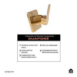 Acabamento de Misturador Monocomando Redondo Guaporé Pingoo.casa - Dourado