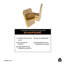 Acabamento de Misturador Monocomando Redondo Guaporé Pingoo.casa - Dourado