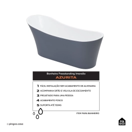 Banheira Freestanding Imersão Acrílico 165 cm Azurita Cinza