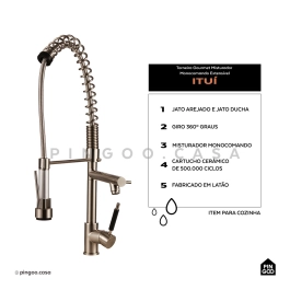 Torneira Para Cozinha Gourmet Misturador Monocomando Ituí Pingoo.casa - Prata Escovado
