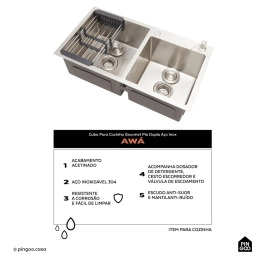Cuba para Cozinha com Tábua de Corte Awá e Torneira Misturador Monocomando em Aço Inox Iriri - Prata