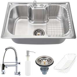 Kit Cuba Gourmet para Cozinha com Acessórios Aço Inox 201 42x60cm Carajás e Torneira de Parede Munim Pingoo.casa - Prata