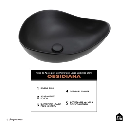 Cuba de Apoio para Banheiro Oval Louça Cerâmica 51cm Obsidiana - Preto