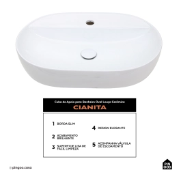 Cuba de Apoio para Banheiro Oval Louça Cerâmica Cianita - Branco