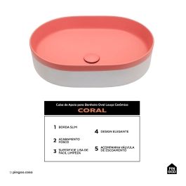 Cuba de Apoio para Banheiro Oval Louça Cerâmica Coral - Rosa e Branco