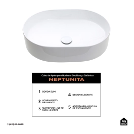 Cuba de Apoio para Banheiro Oval Louça Cerâmica Neptunita - Branco