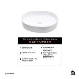 Cuba de Apoio para Banheiro Oval Louça Cerâmica Neptunita - Branco