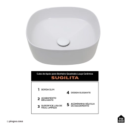 Cuba de Apoio para Banheiro Quadrada Louça Cerâmica Sugilita - Branco