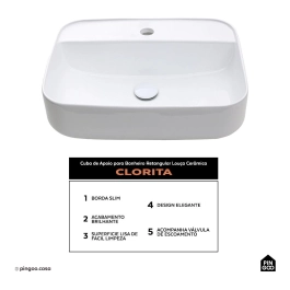 Cuba de Apoio para Banheiro Retangular Louça Cerâmica Clorita Pingoo.casa - Branco