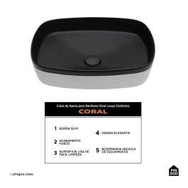 Cuba de Apoio para Banheiro Retangular Louça Cerâmica Coral - Preto e Branco