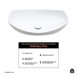 Cuba de Apoio para Banheiro Retangular Louça Cerâmica Petalita - Branco