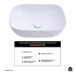 Cuba de Apoio para Banheiro Retangular Louça Cerâmica Adamita Pingoo.casa - Branco