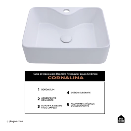 Cuba de Apoio para Banheiro Retangular Louça Cerâmica Cornalina Pingoo.casa - Branco
