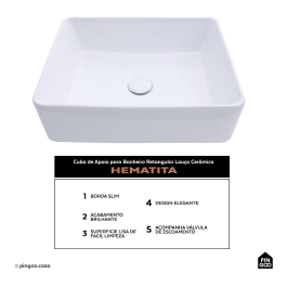 Cuba de Apoio para Banheiro Retangular Louça Cerâmica Hematita Pingoo.casa - Branco