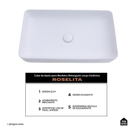 Cuba de Apoio para Banheiro Retangular Louça Cerâmica Roselita Pingoo.casa - Branco