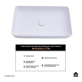 Cuba de Apoio para Banheiro Retangular Louça Cerâmica Roselita Pingoo.casa - Branco