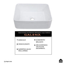 Cuba de Apoio para Banheiro Sem Válvula Retangular Louça Cerâmica Galena Pingoo.casa - Branco