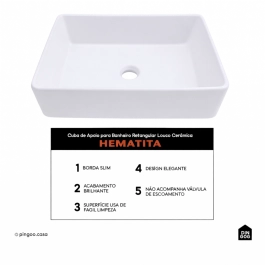 Cuba de Apoio para Banheiro Sem Válvula Retangular Louça Cerâmica Hematita Pingoo.casa - Branco