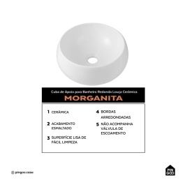 Cuba de Apoio Redonda Sem Válvula para Banheiro Louça Cerâmica 41cm Morganita Pingoo.casa - Branco