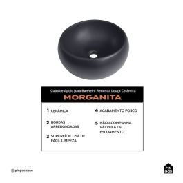 Cuba de Apoio Redonda Sem Válvula para Banheiro Louça Cerâmica 41cm Morganita Pingoo.casa - Preto