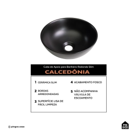 Cuba de Apoio Redonda Slim Sem Válvula para Banheiro Louça Cerâmica 28,5cm Calcedônia Pingoo.casa - Preto Fosco