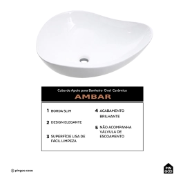 Cuba de Apoio Sem Válvula para Banheiro Oval Louça Cerâmica Ambar - Branco