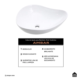 Cuba de Apoio Sem Válvula para Banheiro Oval Louça Cerâmica Ambar - Branco
