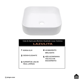 Cuba de Apoio Sem Válvula para Banheiro Quadrada Louça Cerâmica Lazulita Pingoo.casa - Branco