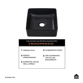 Cuba De Apoio Sem Válvula Para Banheiro Quadrada Slim Cerâmica Crisoprásio Pingoo.Casa - Preto Fosco