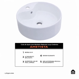 Cuba de Apoio Sem Válvula para Banheiro Redonda Louça Cerâmica Ametista Pingoo.casa - Branco